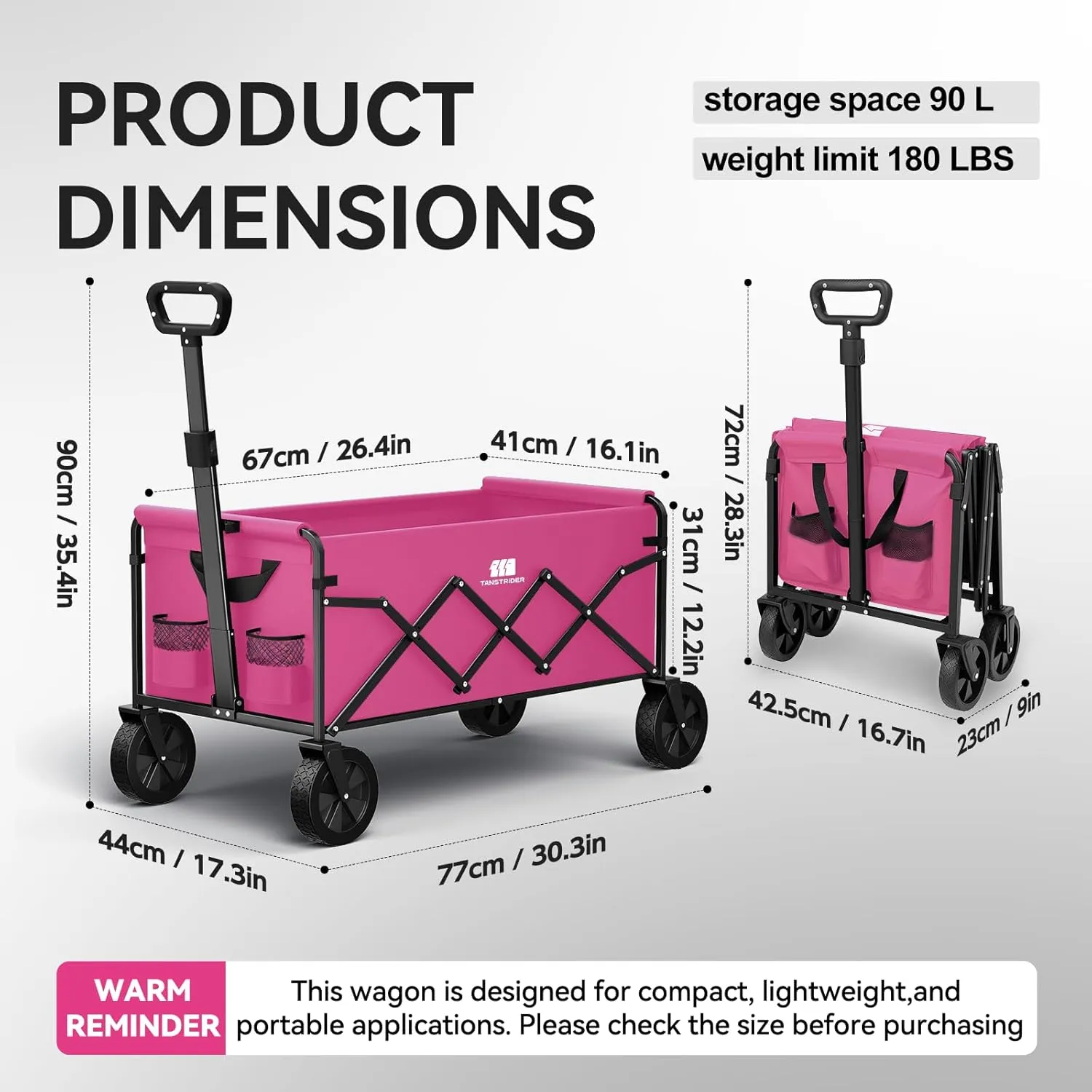 Collapsible Folding Wagon, Heavy Duty Pink Foldable Wagon Cart with Wheel, Lightweight Utility Grocery Cart with 200lbs Weight Capacity for Garden, Beach, Camping Sports, Fishing