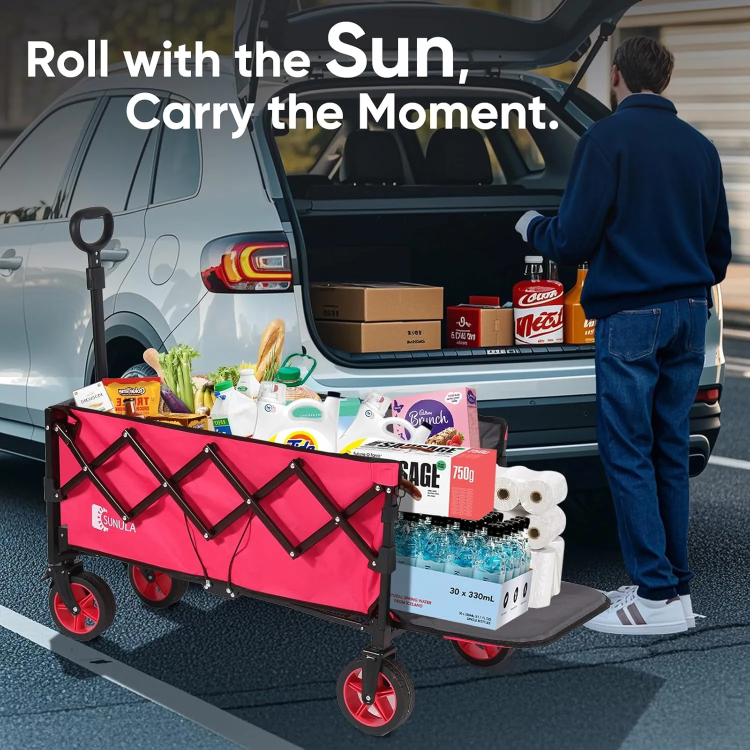 Collapsible Wagon Cart 226.8L - Extra Long Foldable Utility Wagon with Tailgate, Brakes, Anti-Rebounding Handler & 2 Cup Holders, for Groceries, Camping, Shopping, Garden - Pink