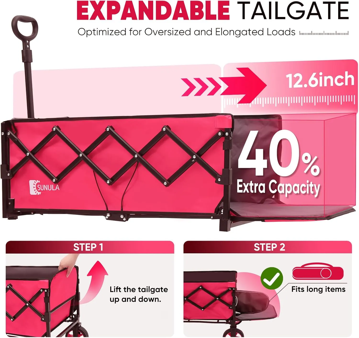 Collapsible Wagon Cart 226.8L - Extra Long Foldable Utility Wagon with Tailgate, Brakes, Anti-Rebounding Handler & 2 Cup Holders, for Groceries, Camping, Shopping, Garden - Pink