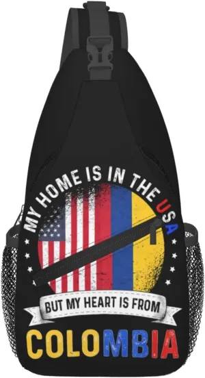Colombian American Patriot Heart is From Colombia Flag Crossbody Bag Cross Chest Bag Adjustable Sling Backpack Sports Gym Shoulder Bags Travel Cycling Daypack Diagonally Casual Rucksack
