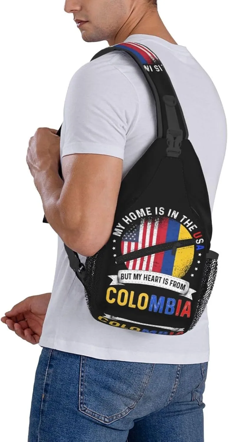 Colombian American Patriot Heart is From Colombia Flag Crossbody Bag Cross Chest Bag Adjustable Sling Backpack Sports Gym Shoulder Bags Travel Cycling Daypack Diagonally Casual Rucksack