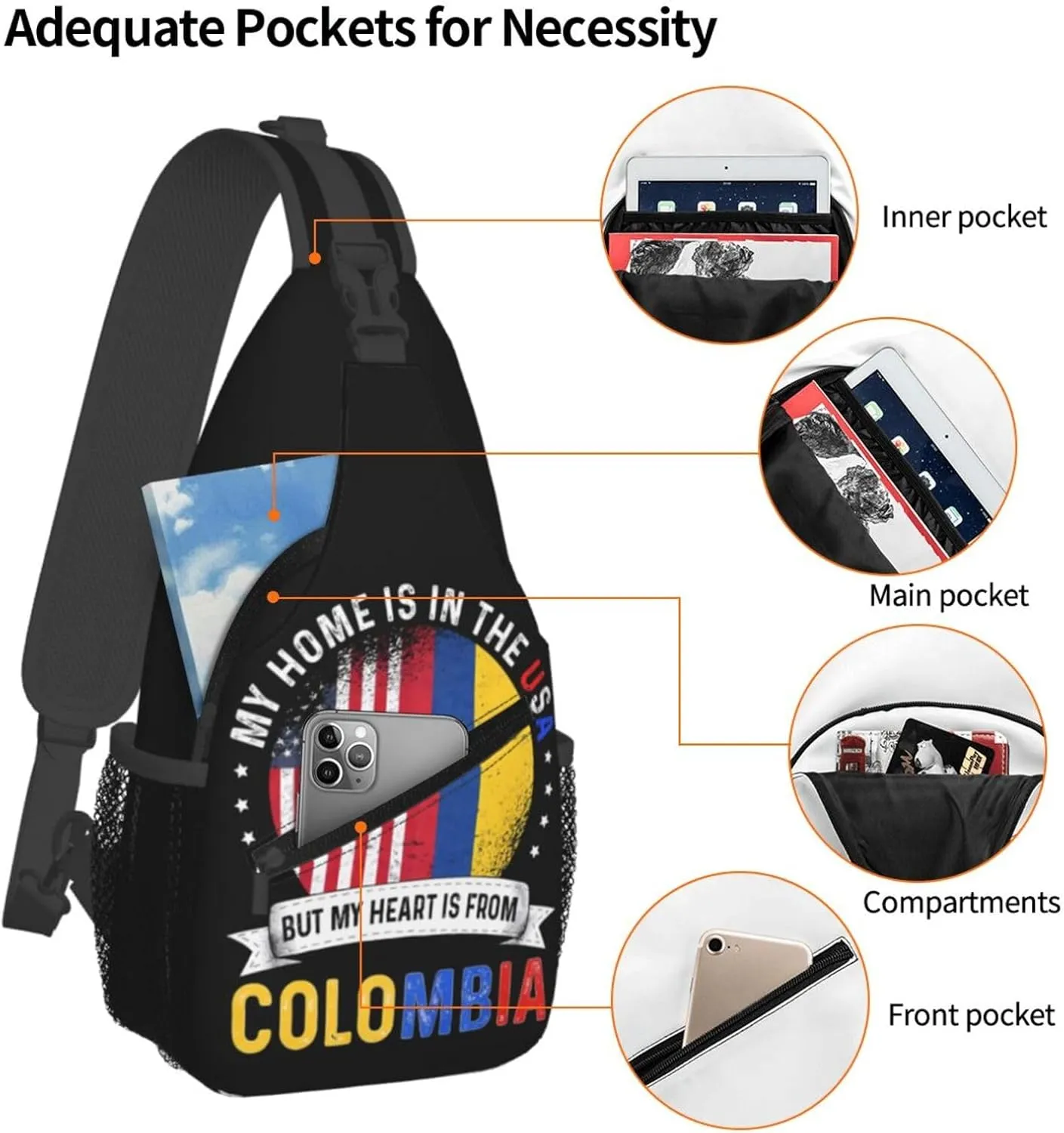 Colombian American Patriot Heart is From Colombia Flag Crossbody Bag Cross Chest Bag Adjustable Sling Backpack Sports Gym Shoulder Bags Travel Cycling Daypack Diagonally Casual Rucksack