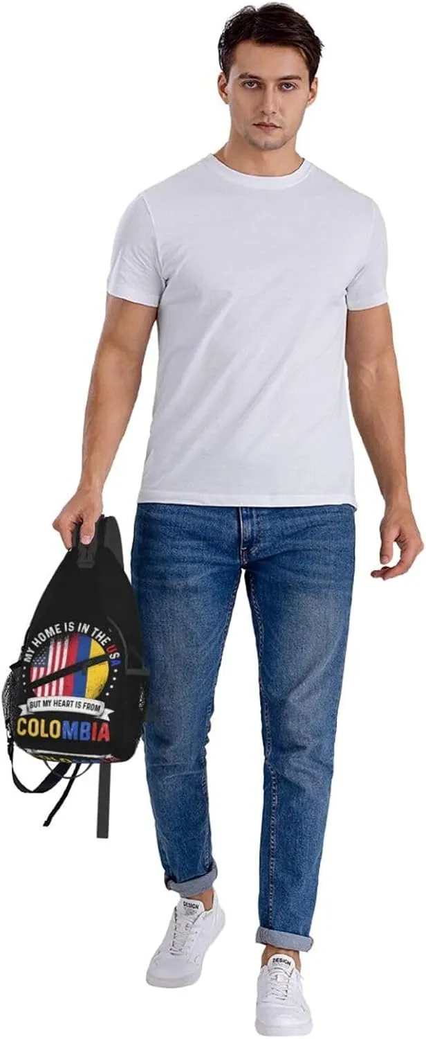 Colombian American Patriot Heart is From Colombia Flag Crossbody Bag Cross Chest Bag Adjustable Sling Backpack Sports Gym Shoulder Bags Travel Cycling Daypack Diagonally Casual Rucksack