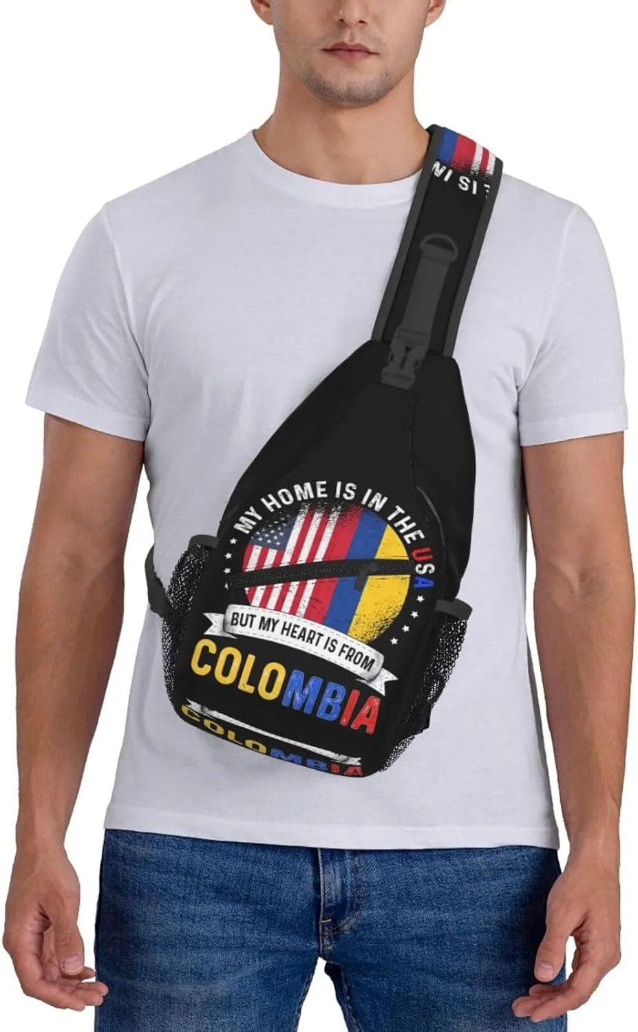 Colombian American Patriot Heart is From Colombia Flag Crossbody Bag Cross Chest Bag Adjustable Sling Backpack Sports Gym Shoulder Bags Travel Cycling Daypack Diagonally Casual Rucksack