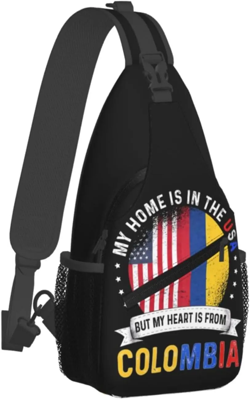 Colombian American Patriot Heart is From Colombia Flag Crossbody Bag Cross Chest Bag Adjustable Sling Backpack Sports Gym Shoulder Bags Travel Cycling Daypack Diagonally Casual Rucksack