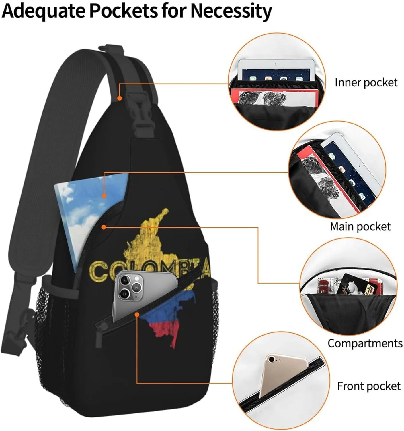 Colombian Map Colombia Flag Crossbody Bag Cross Chest Bag Adjustable Sling Backpack Sports Gym Shoulder Bags Travel Cycling Daypack Diagonally Casual Rucksack