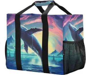 Colorful Northern Lights Whales Foldable Travel Duffel Bag for Men Women Waterproof Weekender Overnight Carry On Tote Bag with Comfortable Handle Personal Item Travel Bag for Sport Business Trips