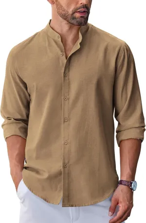 COOFANDY Men's Long Sleeve Oxford Dress Shirts Chambray Button Down Shirt Casual Band Collar Shirts