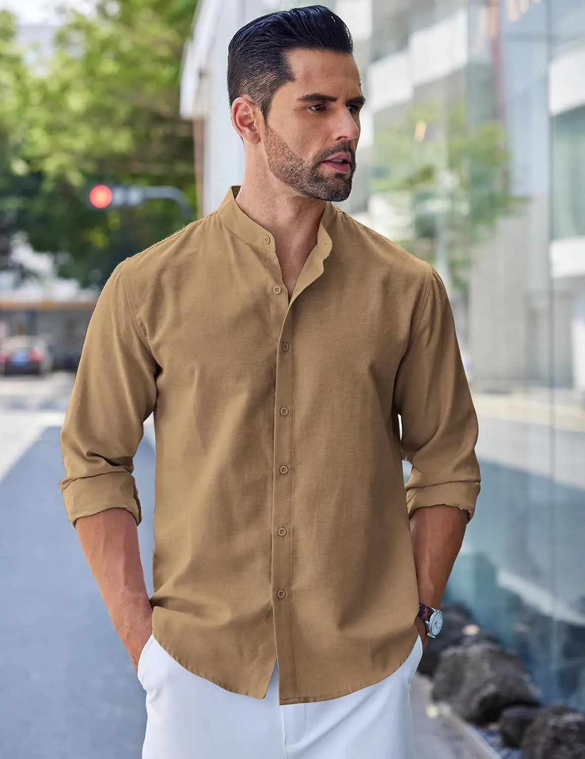 COOFANDY Men's Long Sleeve Oxford Dress Shirts Chambray Button Down Shirt Casual Band Collar Shirts