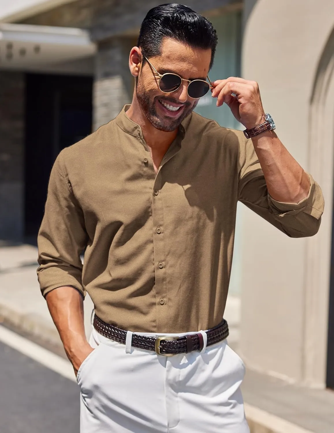 COOFANDY Men's Long Sleeve Oxford Dress Shirts Chambray Button Down Shirt Casual Band Collar Shirts