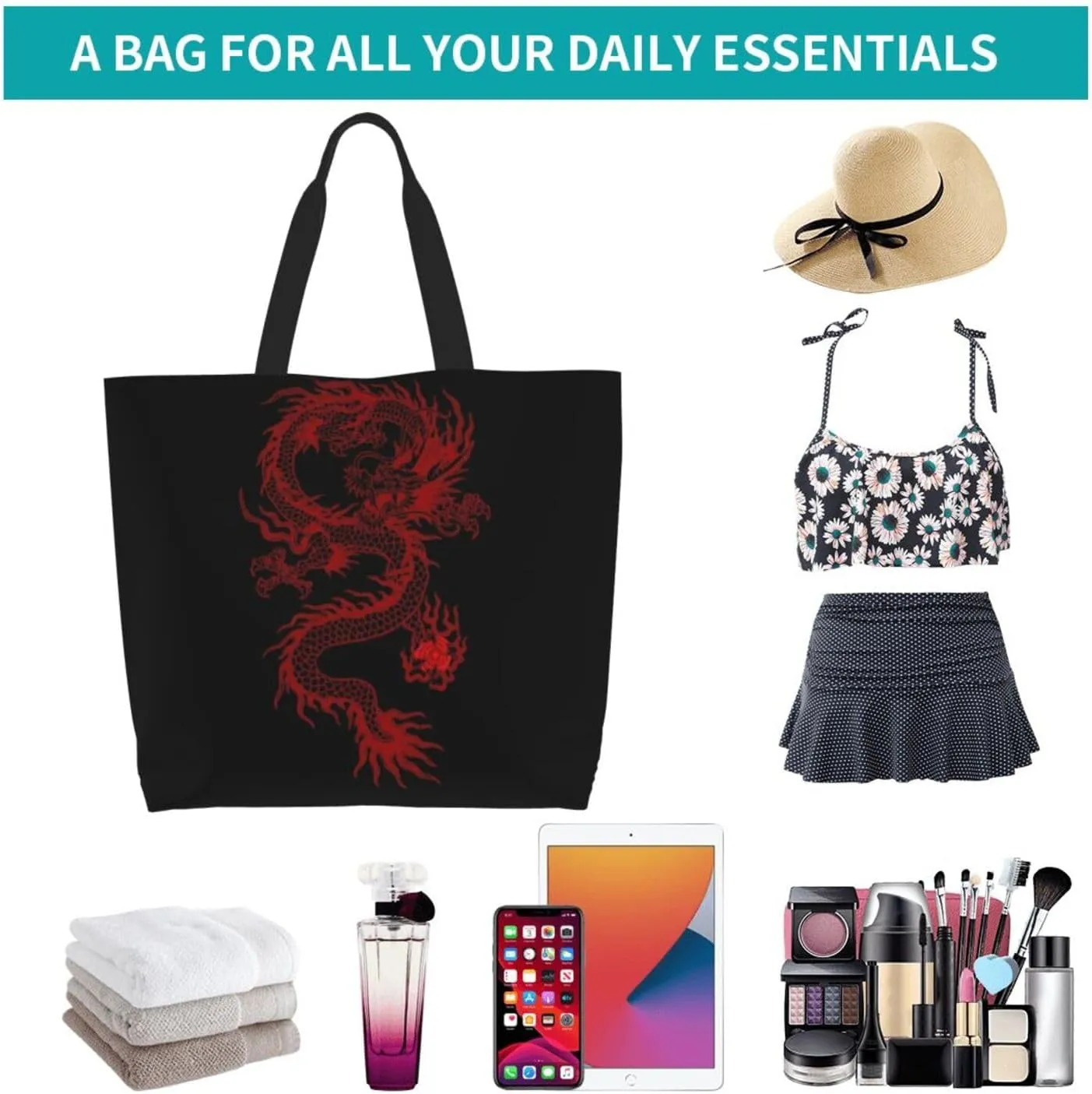 Cool Dragon Tote Bag Foldable Dragon Shoulder Bags Reusable Grocery Tote Bag Beach Bag Shopping Bag Travel Bag