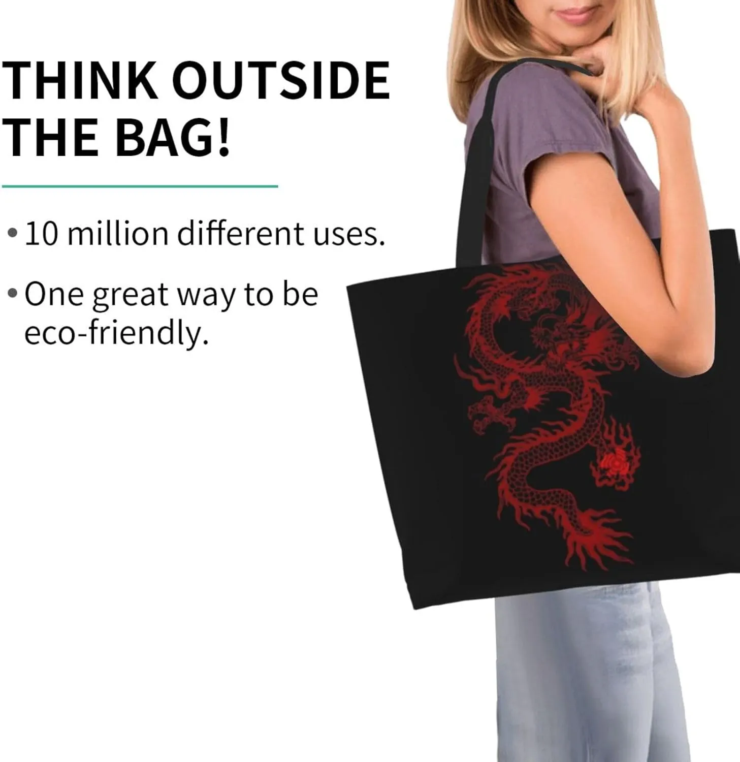 Cool Dragon Tote Bag Foldable Dragon Shoulder Bags Reusable Grocery Tote Bag Beach Bag Shopping Bag Travel Bag