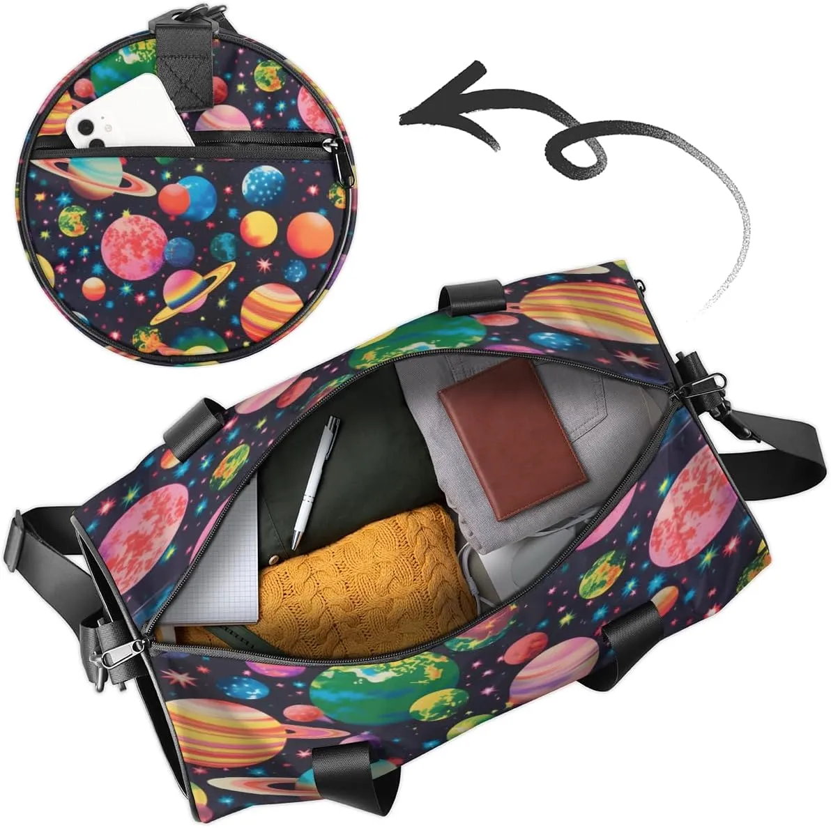 Cosmic Planets Sports Duffel Bag with Shoulder Strap, Large Capacity Gym Bag with Shoe Compartment, Water Resistant Travel Duffle Bag for Men Women Travel, Sports (17.6x9x9 Inch)