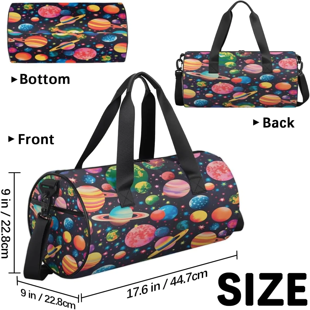Cosmic Planets Sports Duffel Bag with Shoulder Strap, Large Capacity Gym Bag with Shoe Compartment, Water Resistant Travel Duffle Bag for Men Women Travel, Sports (17.6x9x9 Inch)