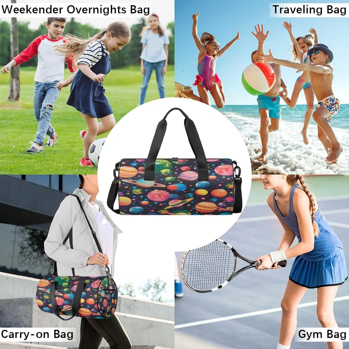 Cosmic Planets Sports Duffel Bag with Shoulder Strap, Large Capacity Gym Bag with Shoe Compartment, Water Resistant Travel Duffle Bag for Men Women Travel, Sports (17.6x9x9 Inch)