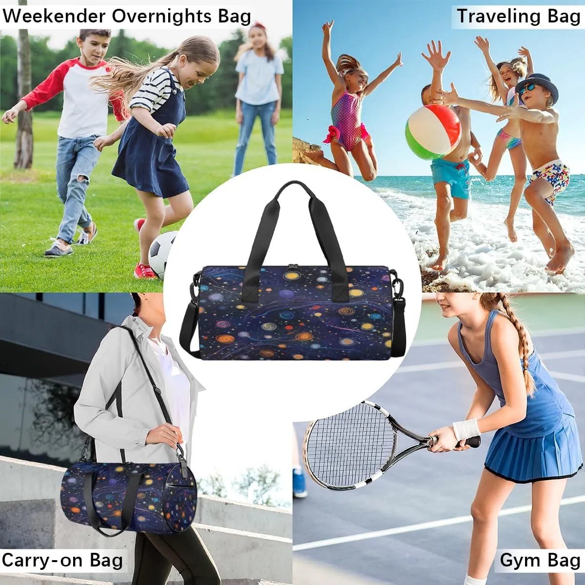 Cosmic Swirl Design Sports Duffel Bag with Shoulder Strap, Large Capacity Gym Bag with Shoe Compartment, Water Resistant Travel Duffle Bag for Men Women Travel, Sports (17.6x9x9 Inch)