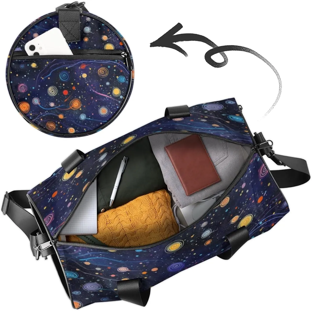 Cosmic Swirl Design Sports Duffel Bag with Shoulder Strap, Large Capacity Gym Bag with Shoe Compartment, Water Resistant Travel Duffle Bag for Men Women Travel, Sports (17.6x9x9 Inch)