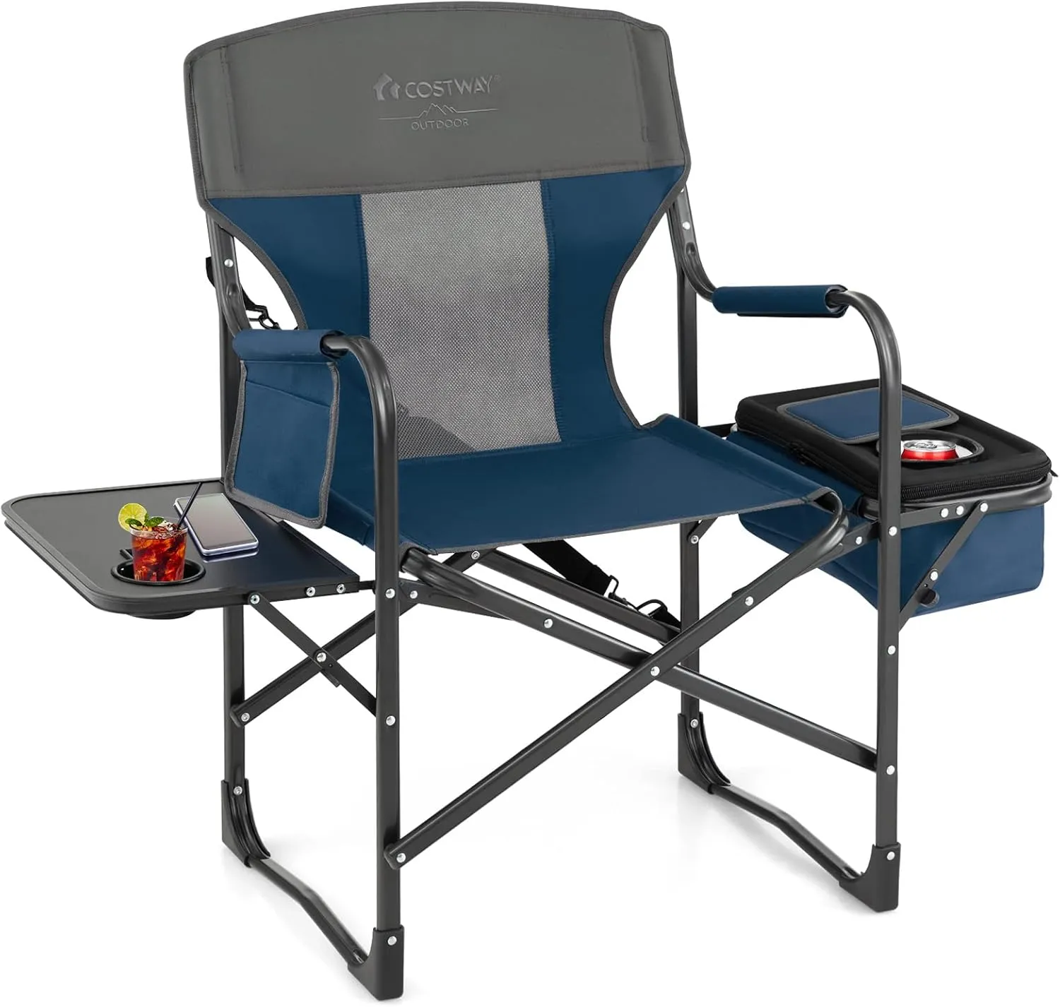 COSTWAY Folding Camping Chair, Heavy-Duty Director Chair Supports 400lbs for Adults with Side Table, Cooler Bag, Storage, Strap, Portable Makeup Chair Suitable for Fishing Picnic