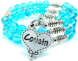 Cousin Quilted Heart Sea Siren Ocean Glass Wrap Bracelet in Aqua Blue