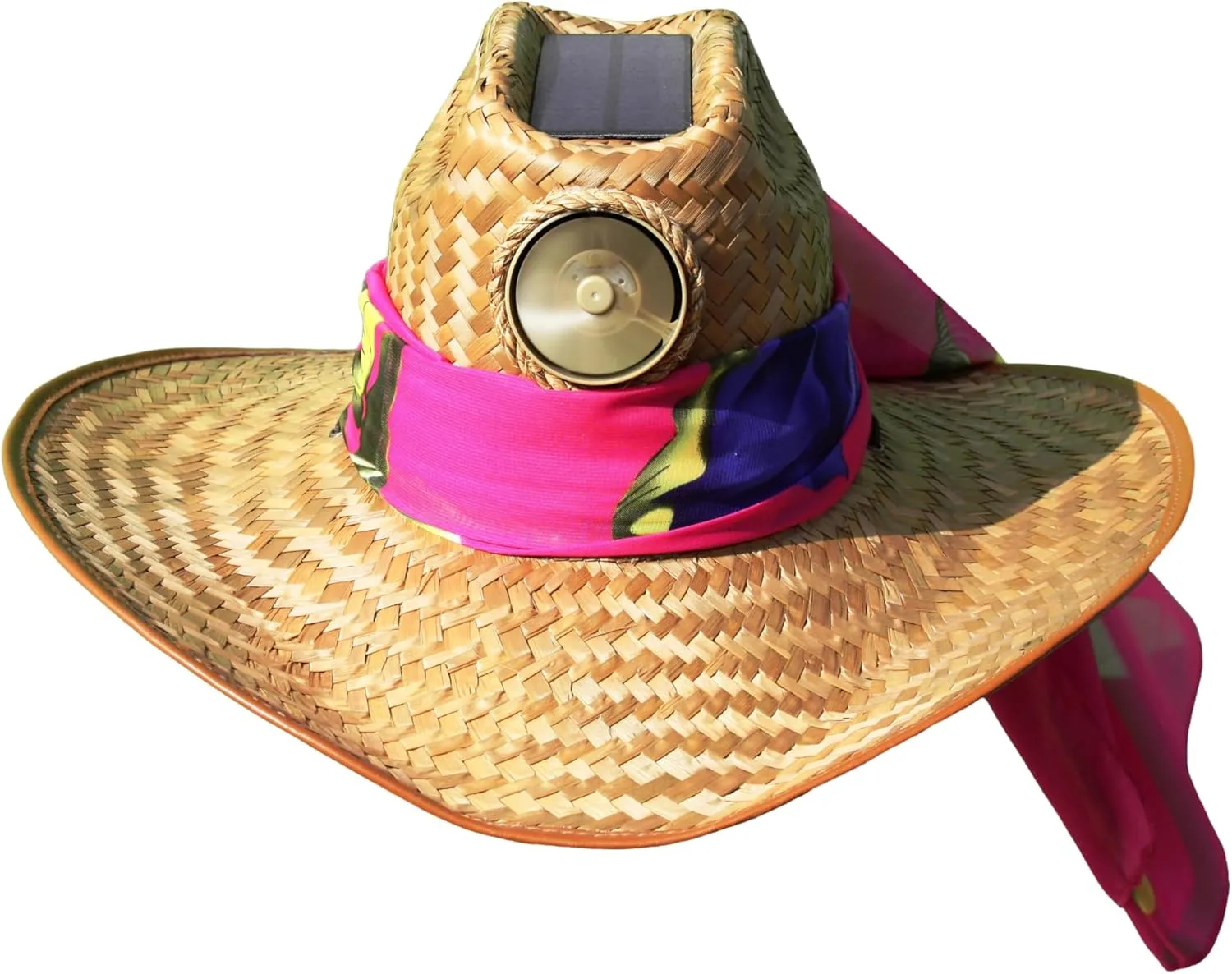 Cowgirl with Scarf Straw Hat - Solar Fan Cooling Sun Hat for Outdoors - Large Brown