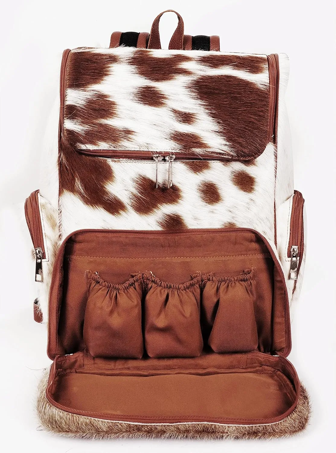 Cowhdie Leather Backpack Rucksack/Knapsack Multi Animal Print Bag Casual Daypack Brown & White Travel Shoulder Bag