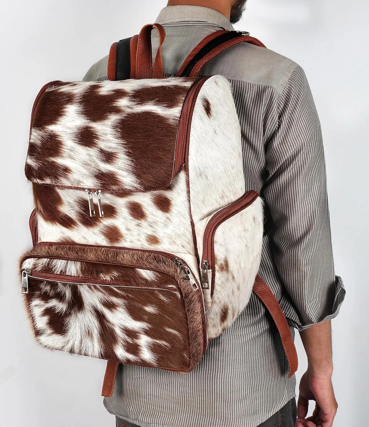 Cowhdie Leather Backpack Rucksack/Knapsack Multi Animal Print Bag Casual Daypack Brown & White Travel Shoulder Bag