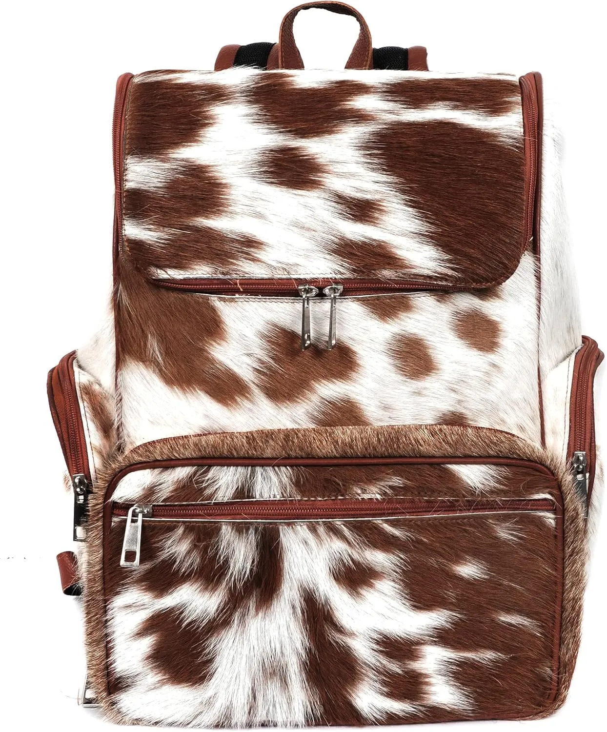 Cowhdie Leather Backpack Rucksack/Knapsack Multi Animal Print Bag Casual Daypack Brown & White Travel Shoulder Bag