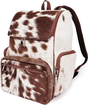 Cowhdie Leather Backpack Rucksack/Knapsack Multi Animal Print Bag Casual Daypack Brown & White Travel Shoulder Bag