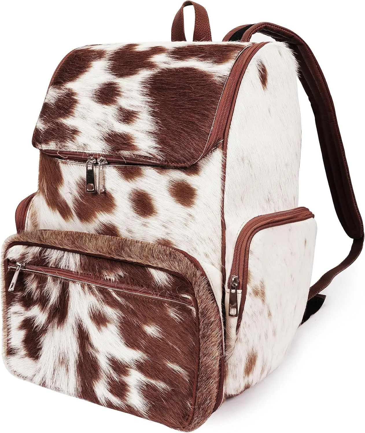 Cowhdie Leather Backpack Rucksack/Knapsack Multi Animal Print Bag Casual Daypack Brown & White Travel Shoulder Bag