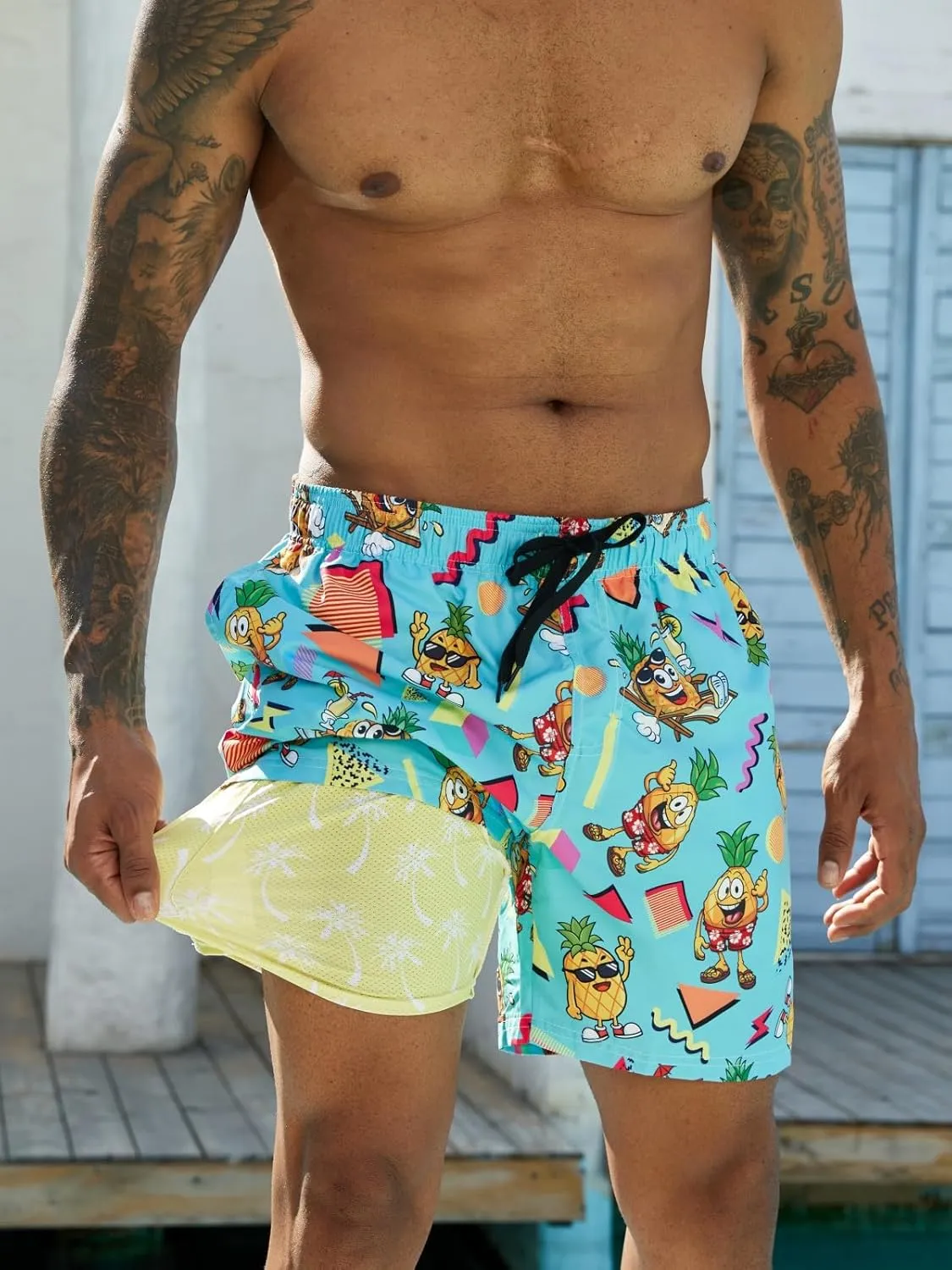 Cozople Men's Swim Trunks with Compression Liner 5.5" Inseam Quick Dry Bathing Suit Boxer Brief Lined Swim Shorts Swimwear