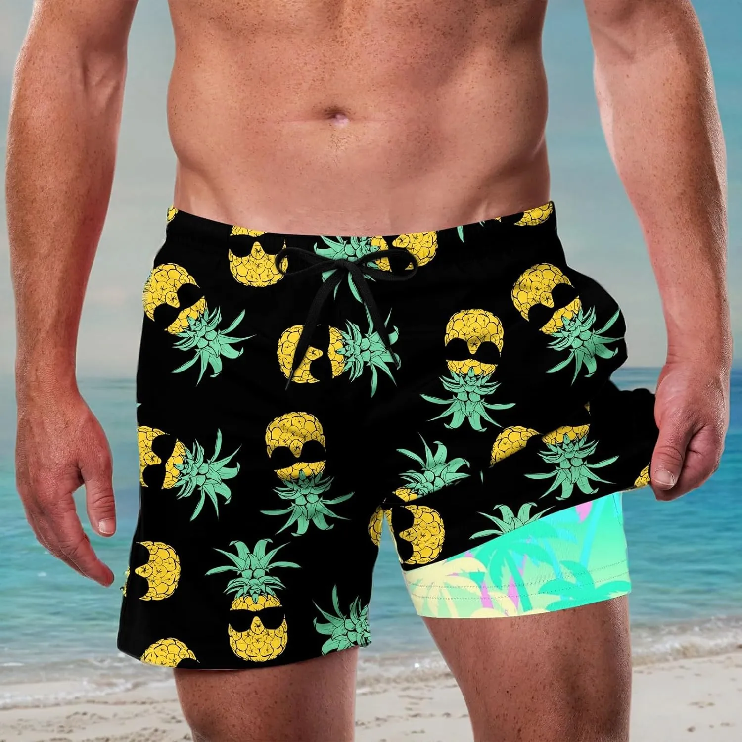 Cozople Men's Swim Trunks with Compression Liner 5.5" Inseam Quick Dry Bathing Suit Boxer Brief Lined Swim Shorts Swimwear