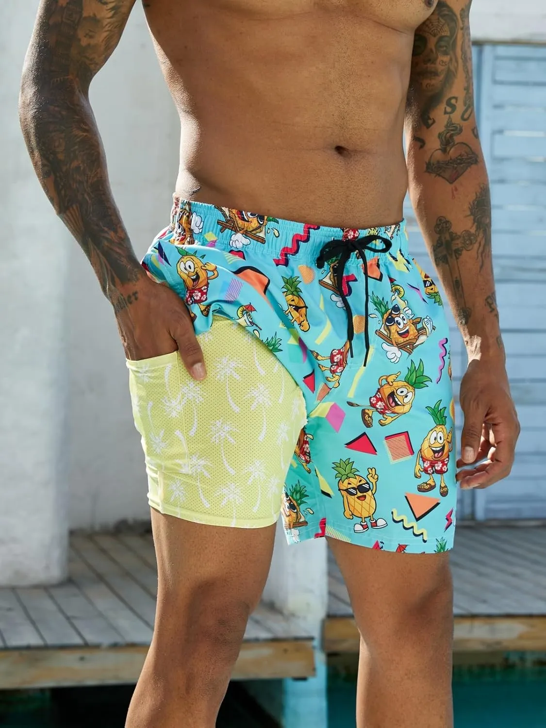 Cozople Men's Swim Trunks with Compression Liner 5.5" Inseam Quick Dry Bathing Suit Boxer Brief Lined Swim Shorts Swimwear