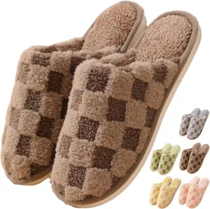 Cozy Plush Checkered Slippers for Women Men Winter Warm Indoor Cotton House Shoes with Soft Sole Lightweight Portable