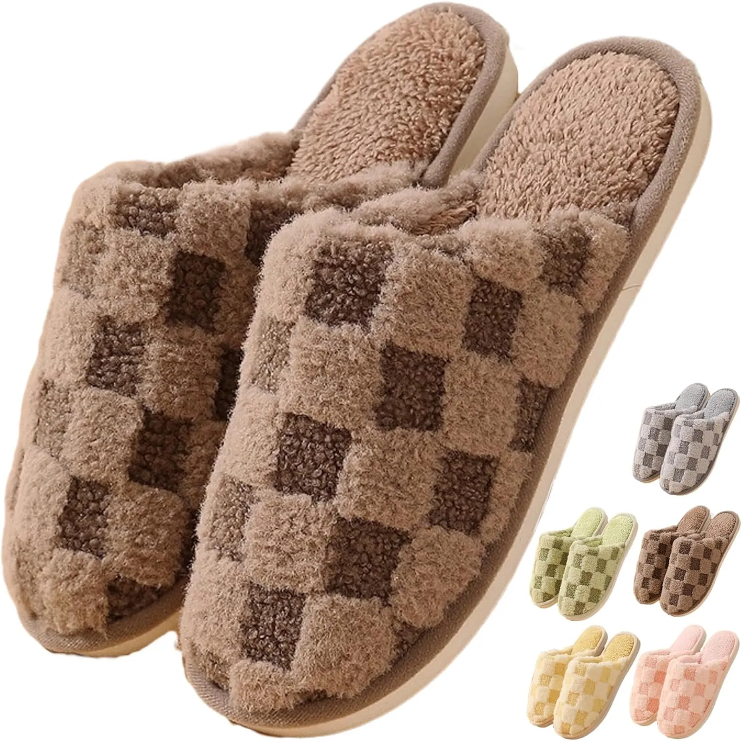Cozy Plush Checkered Slippers for Women Men Winter Warm Indoor Cotton House Shoes with Soft Sole Lightweight Portable