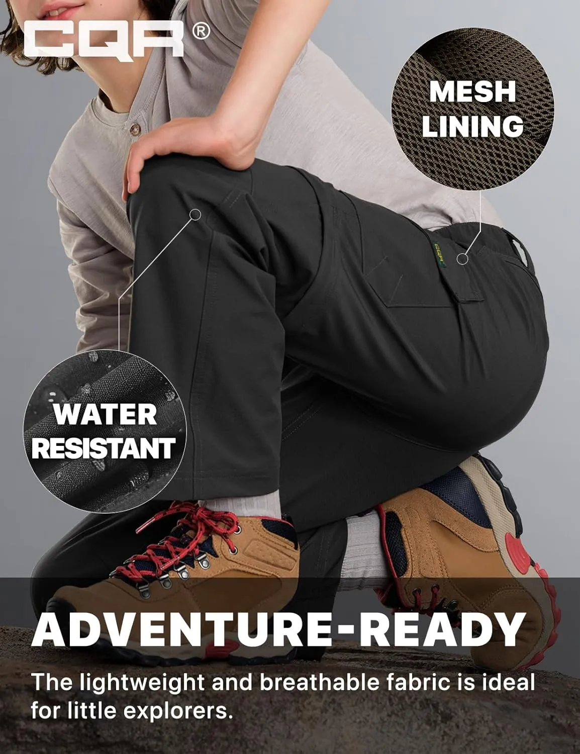 CQR Kids Youth Hiking Cargo Pants, UPF 50  Quick Dry Convertible Zip Off Pants, Outdoor Camping Pants