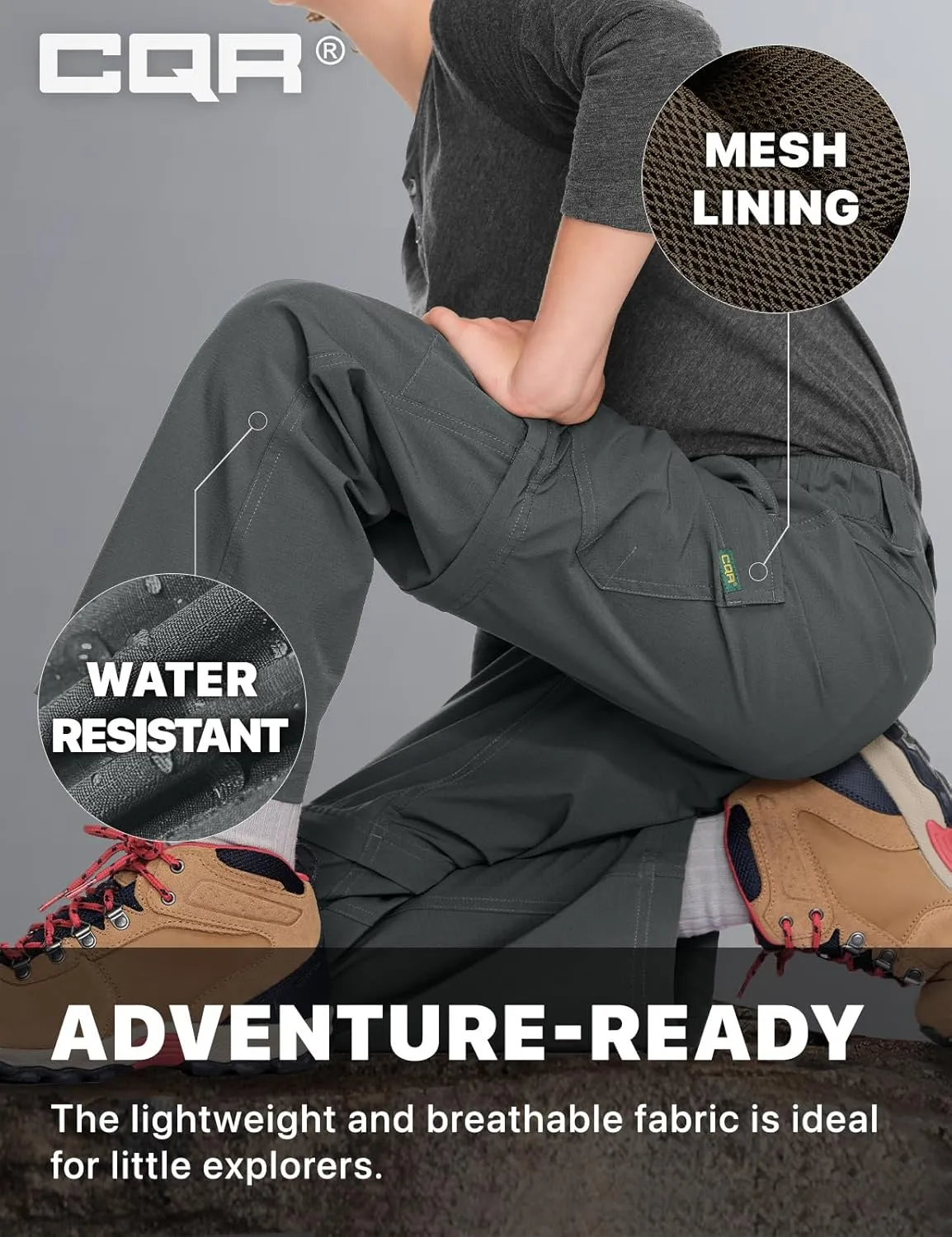 CQR Kids Youth Hiking Cargo Pants, UPF 50  Quick Dry Convertible Zip Off Pants, Outdoor Camping Pants