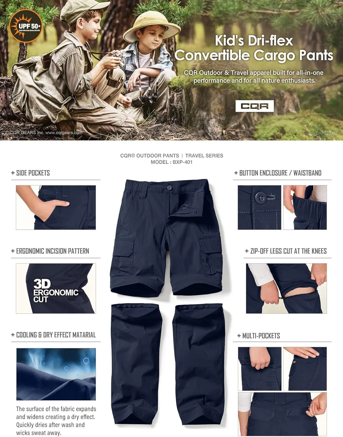CQR Kids Youth Hiking Cargo Pants, UPF 50  Quick Dry Convertible Zip Off Pants, Outdoor Camping Pants