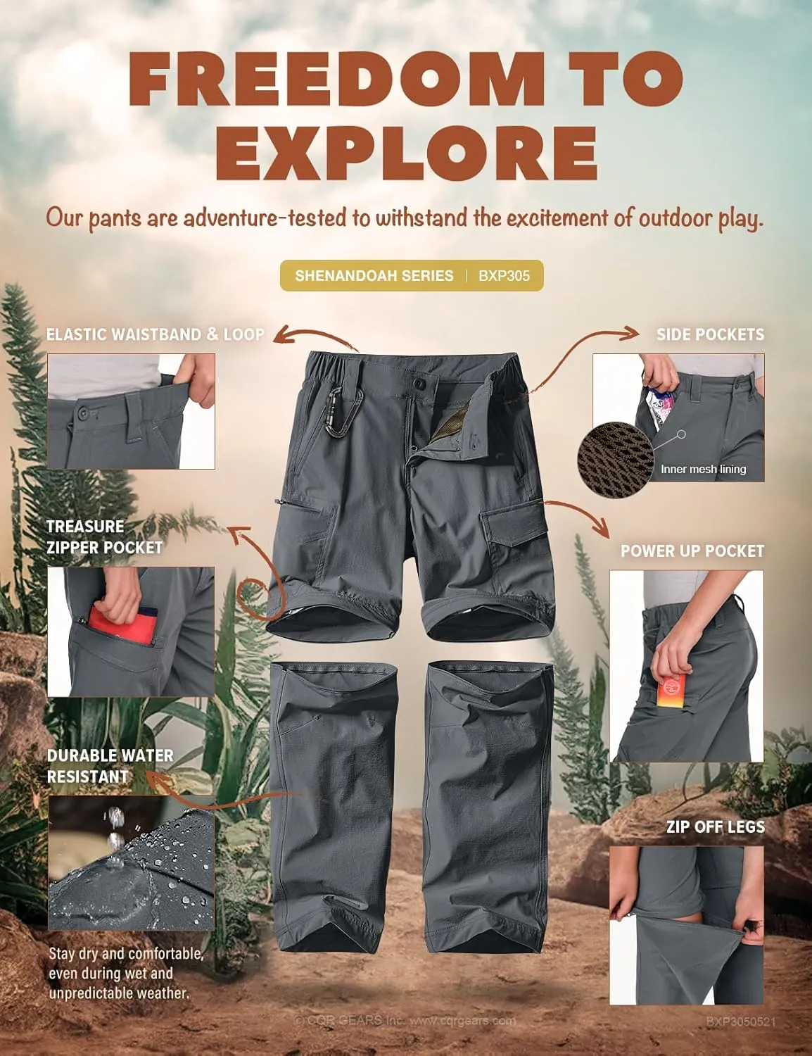 CQR Kids Youth Hiking Cargo Pants, UPF 50  Quick Dry Convertible Zip Off Pants, Outdoor Camping Pants