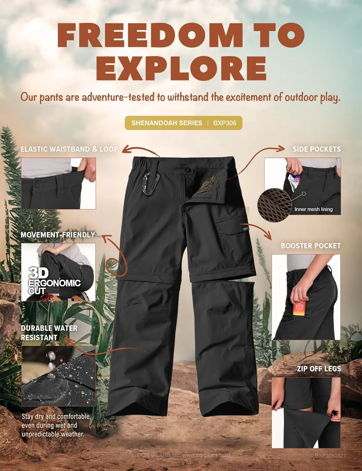 CQR Kids Youth Hiking Cargo Pants, UPF 50  Quick Dry Convertible Zip Off Pants, Outdoor Camping Pants