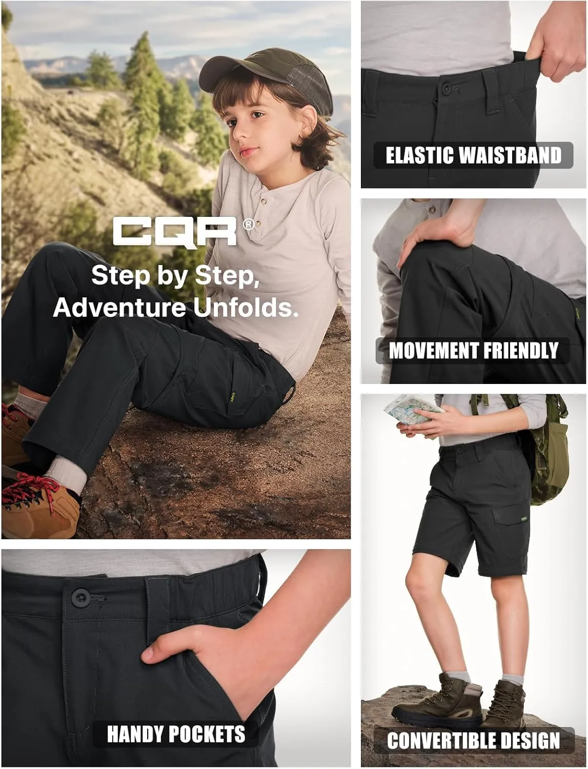 CQR Kids Youth Hiking Cargo Pants, UPF 50  Quick Dry Convertible Zip Off Pants, Outdoor Camping Pants