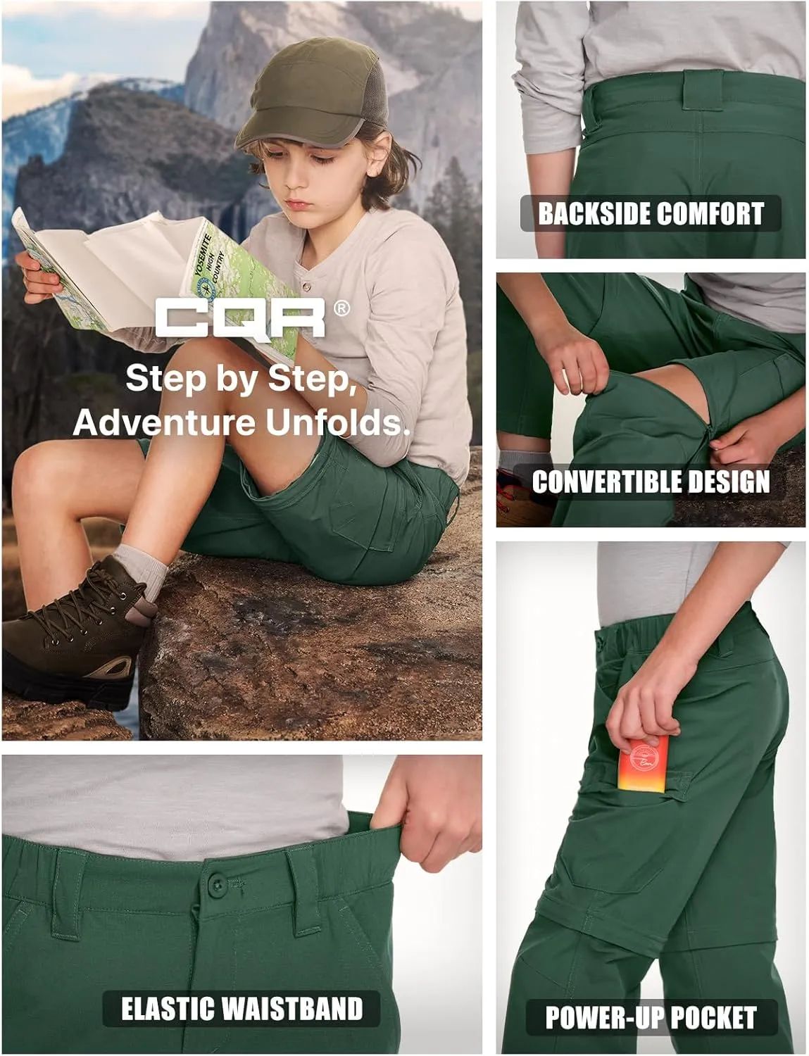 CQR Kids Youth Hiking Cargo Pants, UPF 50  Quick Dry Convertible Zip Off Pants, Outdoor Camping Pants