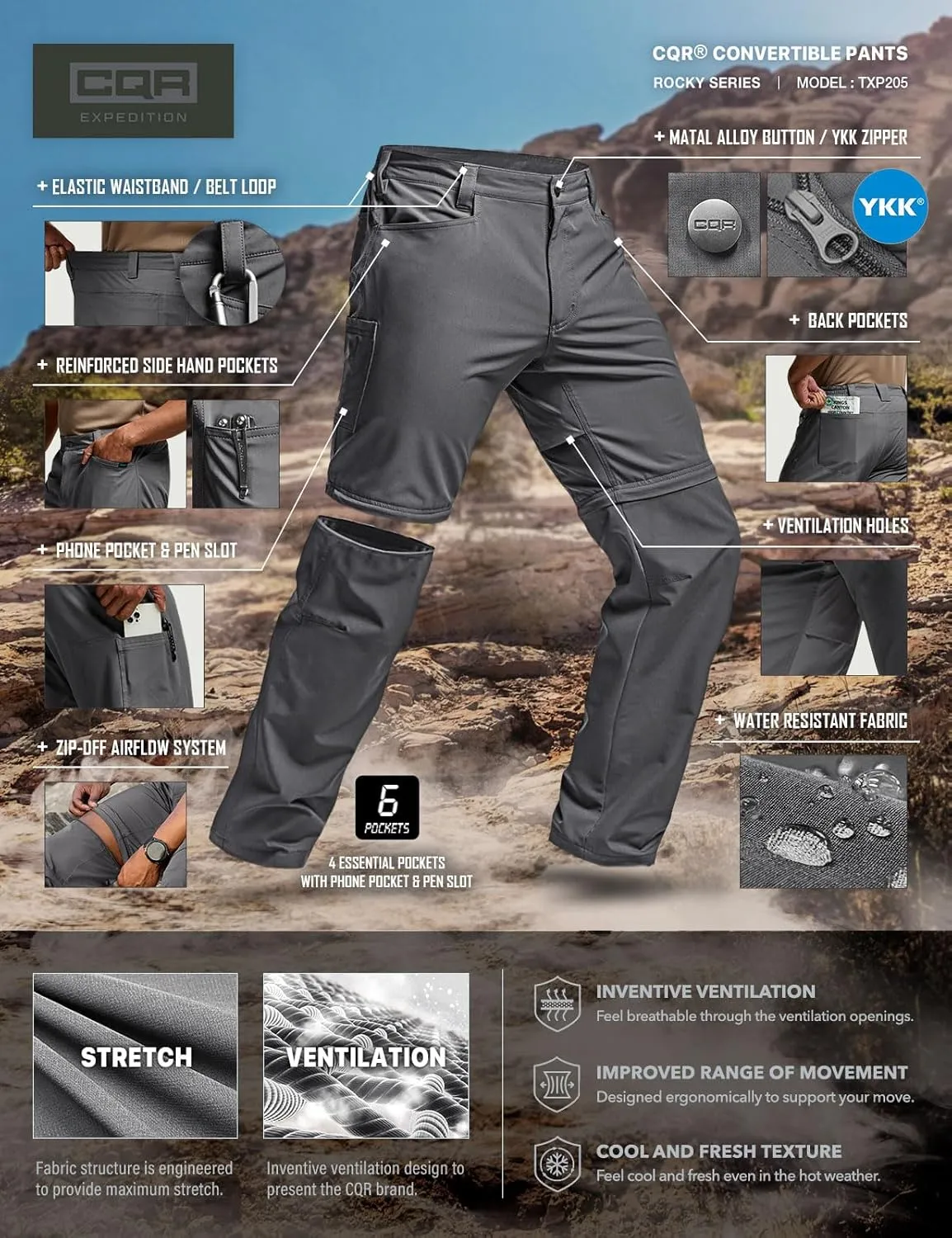 CQR Men's Convertible Cargo Tactical Pants, Water Resistant Outdoor Hiking Pants, Zip Off Lightweight Stretch Work Pants