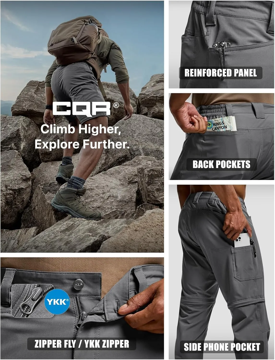 CQR Men's Convertible Cargo Tactical Pants, Water Resistant Outdoor Hiking Pants, Zip Off Lightweight Stretch Work Pants