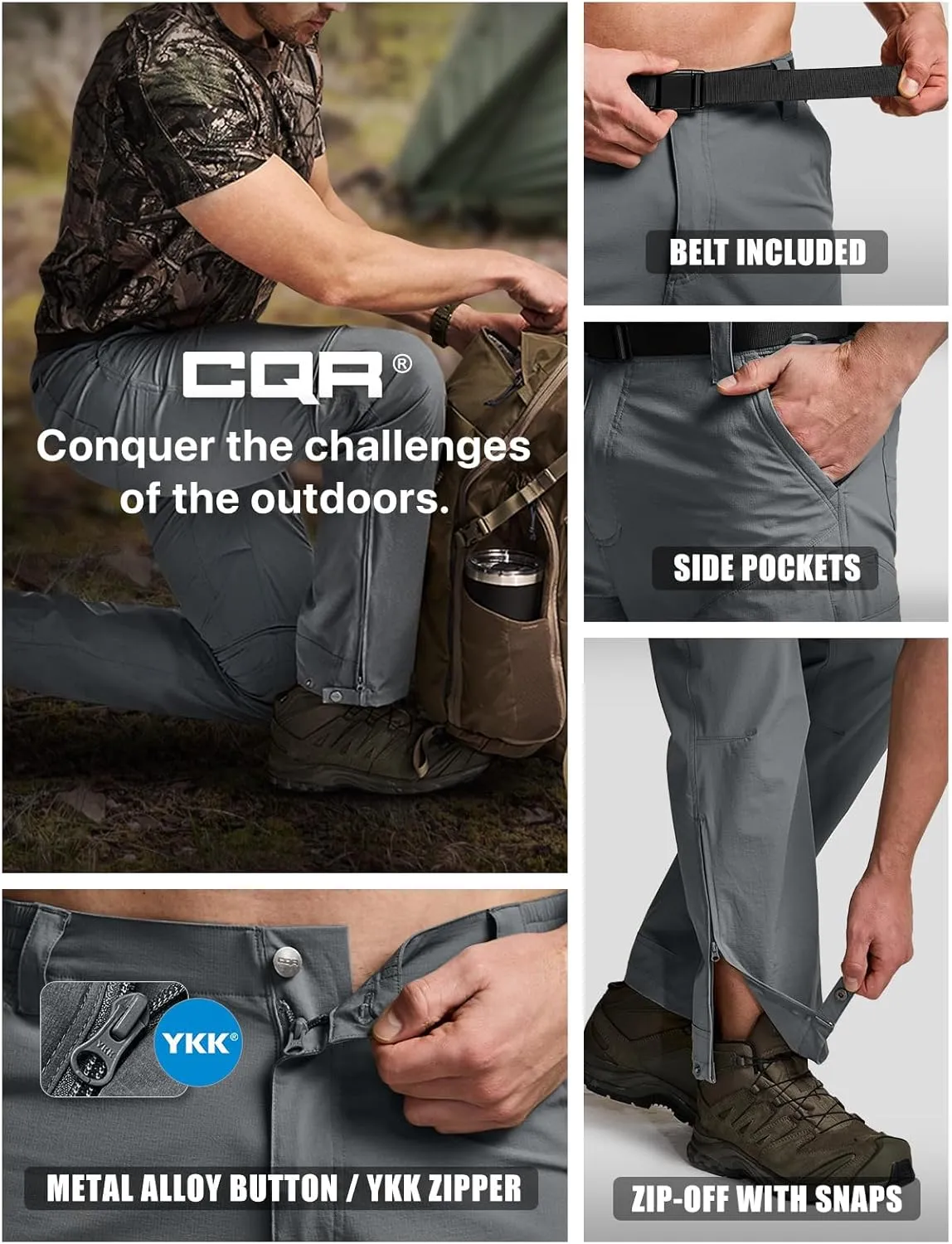 CQR Men's Convertible Cargo Tactical Pants, Water Resistant Outdoor Hiking Pants, Zip Off Lightweight Stretch Work Pants
