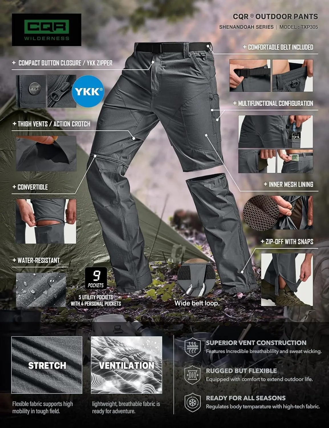 CQR Men's Convertible Cargo Tactical Pants, Water Resistant Outdoor Hiking Pants, Zip Off Lightweight Stretch Work Pants