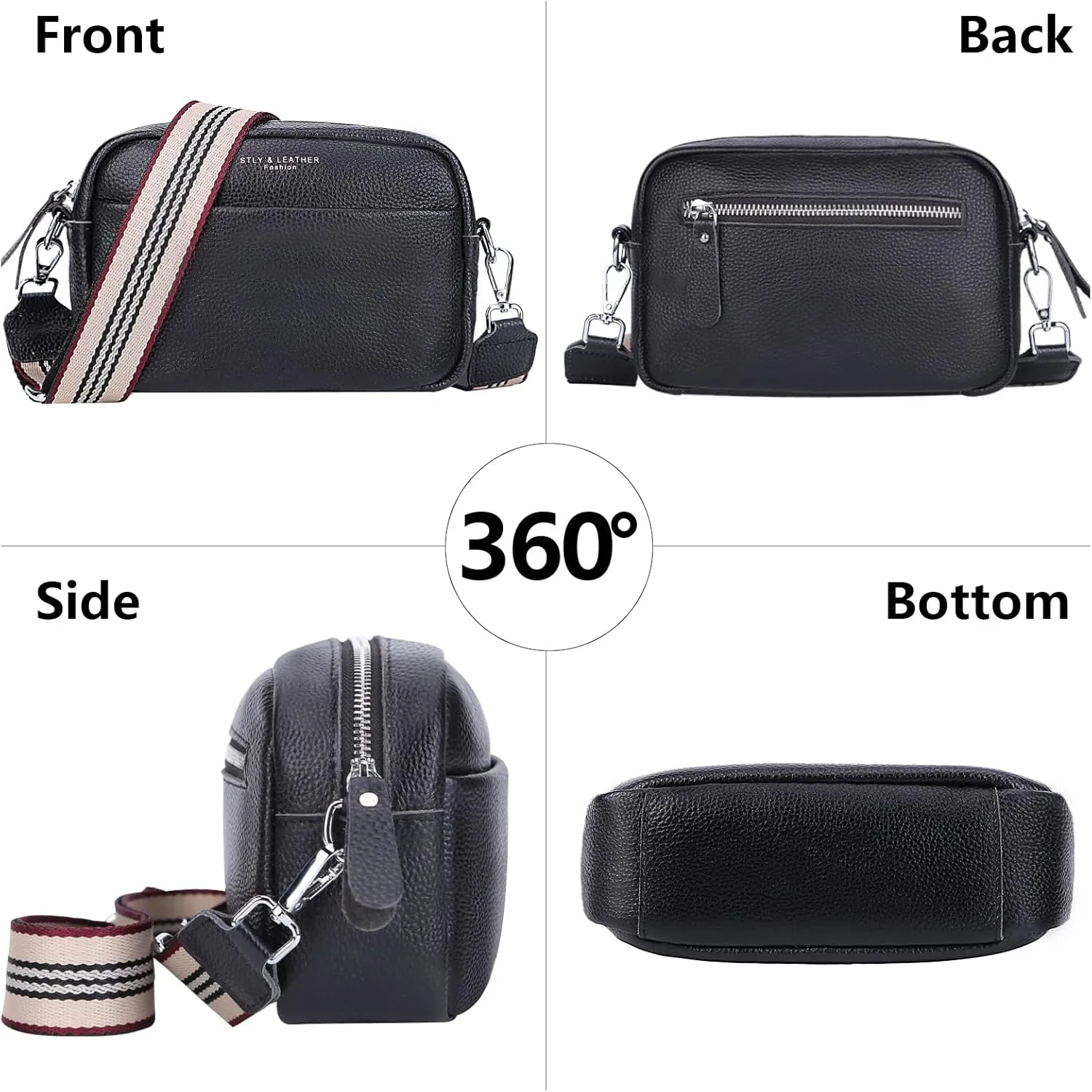 Crossbody Bag for Women Genuine Leather Wide Strap Shoulder Bag Purse Trendy Design Camera Crossbody Purse Top Zip