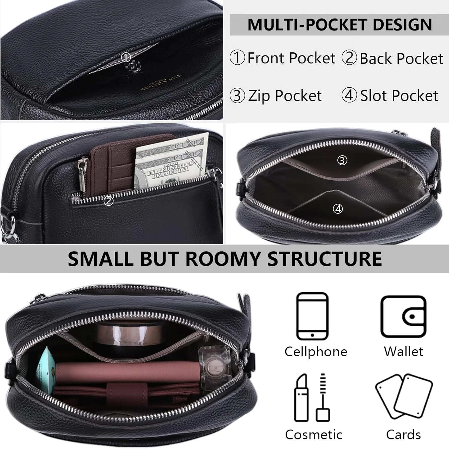 Crossbody Bag for Women Genuine Leather Wide Strap Shoulder Bag Purse Trendy Design Camera Crossbody Purse Top Zip