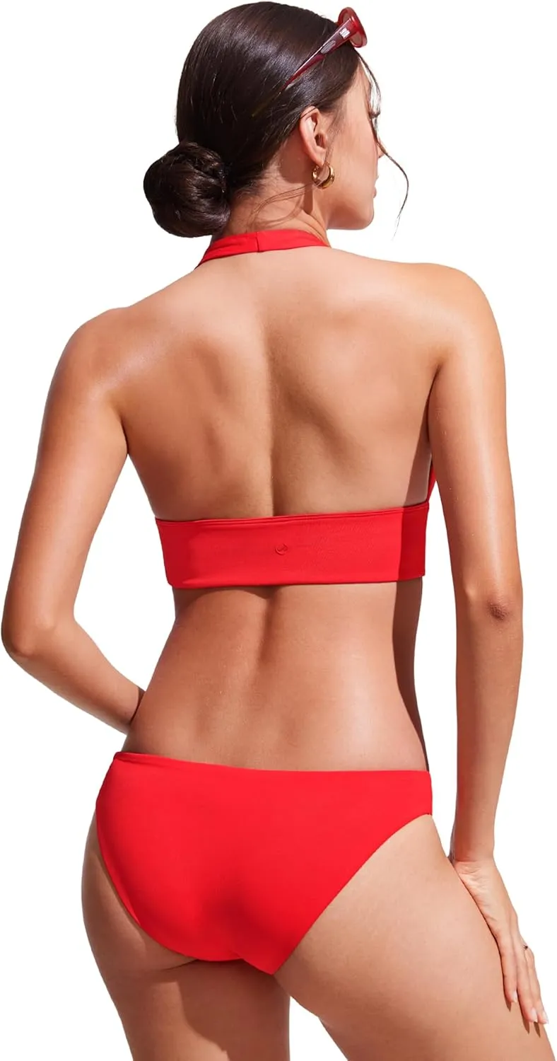 CRZ YOGA Womens Halter Bikini Tops V Neck Swim Bathing Suit Sexy Backless Swimsuit Padded