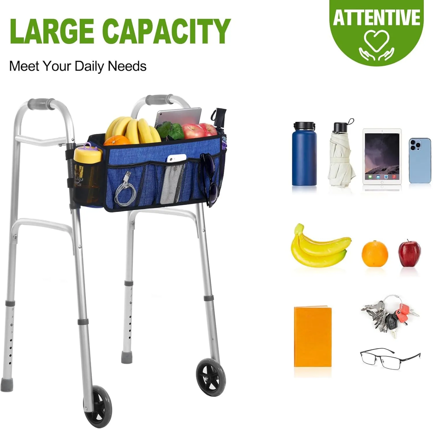 CTWWFS Upgrade Walker Basket with Cup Holder, Foldable Walker Storage Bag for seniors with Big Capacity & Never Tipping Over, Best Gift for Family (Blue)