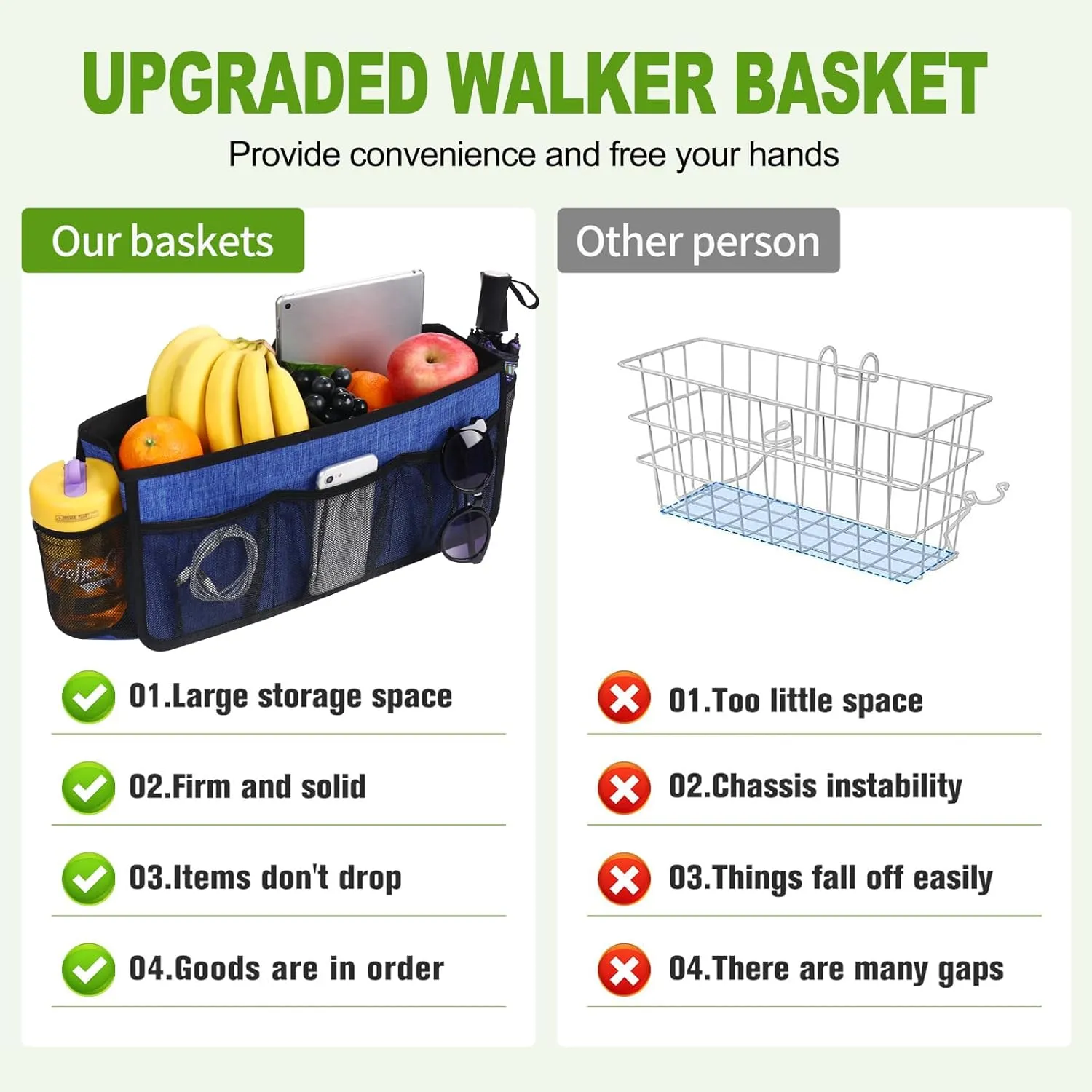 CTWWFS Upgrade Walker Basket with Cup Holder, Foldable Walker Storage Bag for seniors with Big Capacity & Never Tipping Over, Best Gift for Family (Blue)